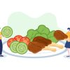 people-eating-food-at-each-meal-with-health-benefits-balanced-diet-vegan-nutritional-and-the-food-should-be-eaten-every-day-in-flat-background-illustration-vector